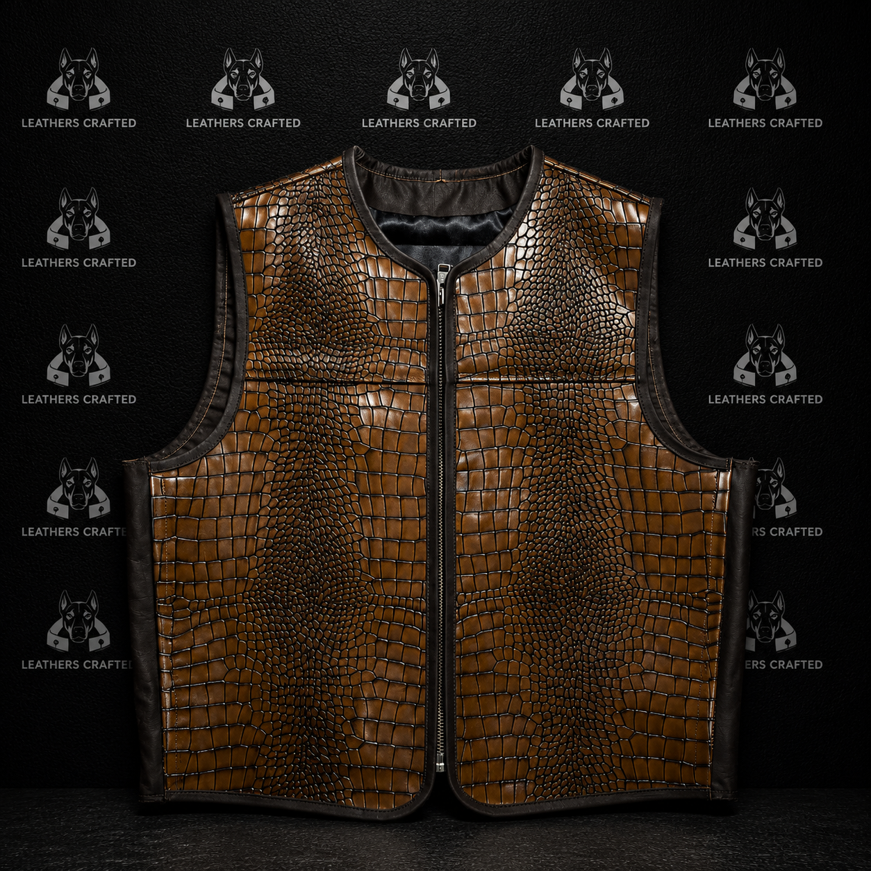 A brown crocodile-embossed leather vest with a front zipper, displayed against a black background with a repeating 'Leathers Crafted' logo pattern.
