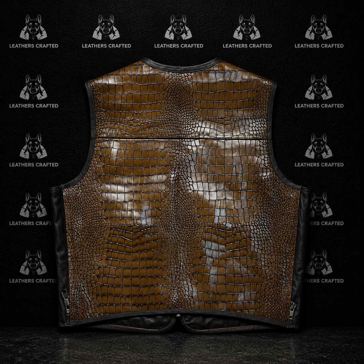 A brown crocodile-embossed leather vest displayed flat against a black background with a repeating 'Leathers Crafted'  logo pattern.