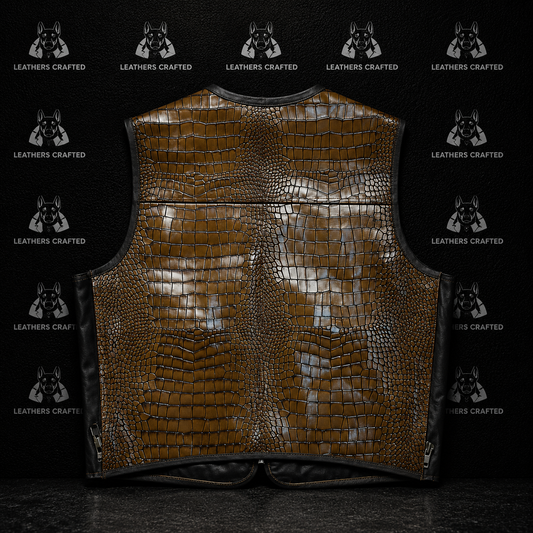 A brown crocodile-embossed leather vest displayed flat against a black background with a repeating 'Leathers Crafted'  logo pattern.