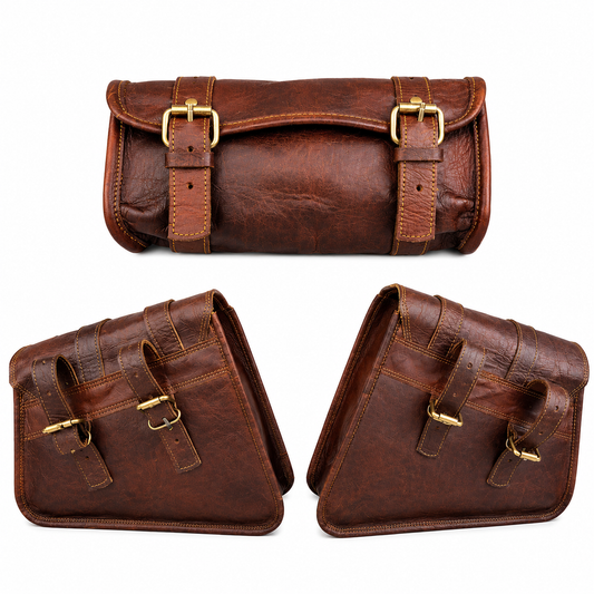 Three views of a brown distressed leather roll-top pouch with brass buckle closures, displayed on a clean white background.