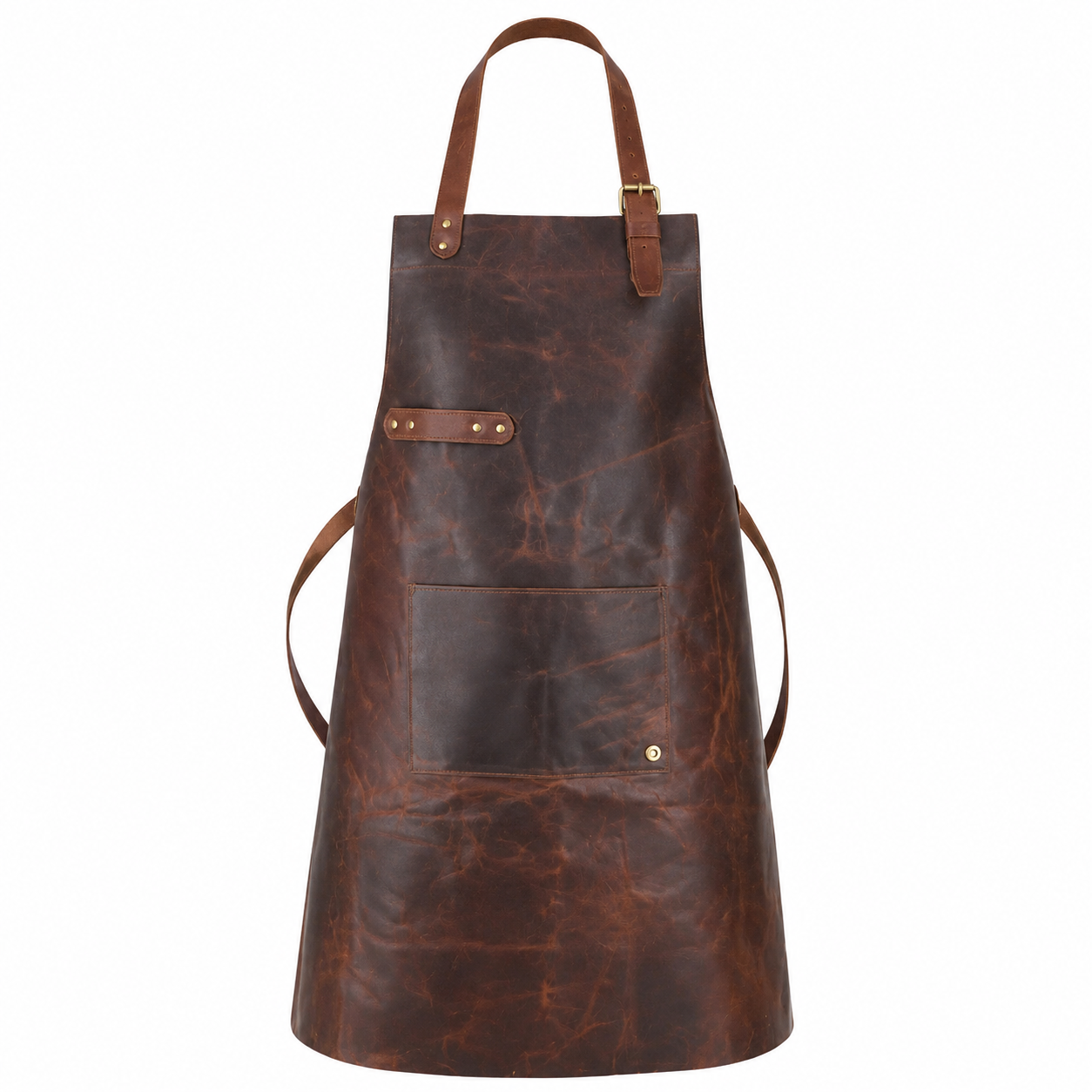 Brown leather work apron with adjustable straps and front utility pocket