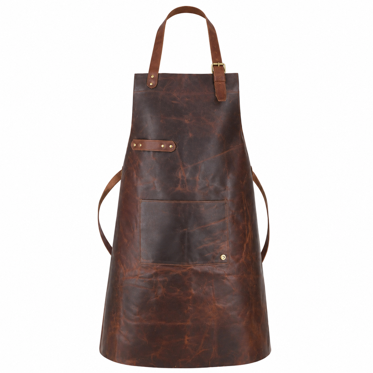 Brown leather work apron with adjustable straps and front utility pocket