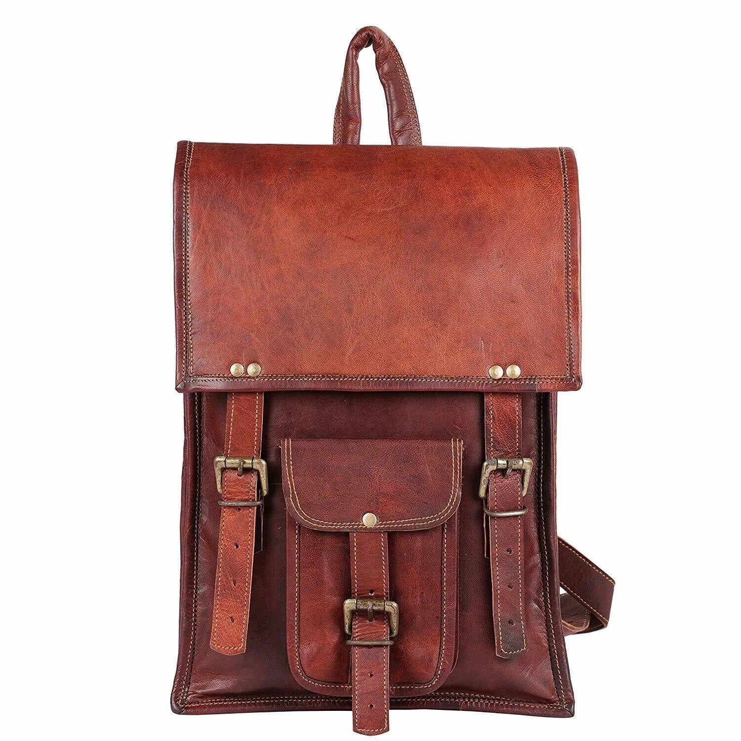 Vintage brown leather backpack with front pockets, buckle closures and adjustable shoulder straps