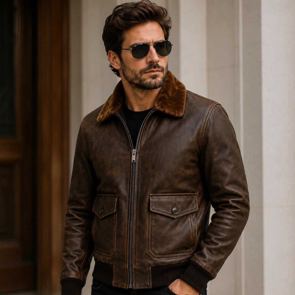 Man wearing a brown leather jacket with fur collar indoors