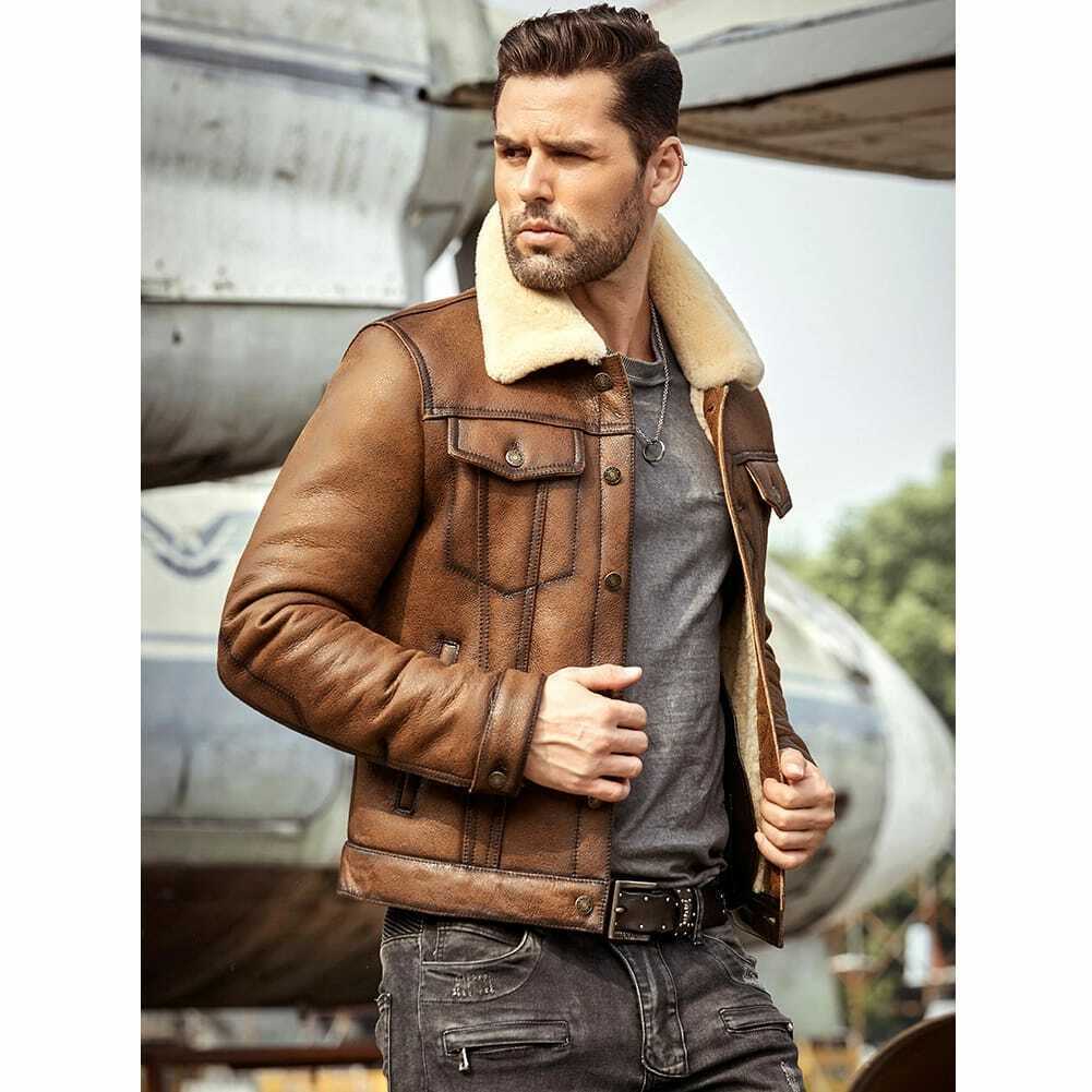 Man wearing a brown shearling leather aviator jacket with warm collar by Leathers Crafted
Suggested H1