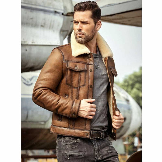 Man wearing a brown shearling leather aviator jacket with warm collar by Leathers Crafted
Suggested H1