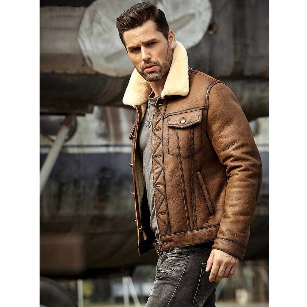 MEN' s Brown Leather Aviator Jacket with Fur Collar Leathers Crafted