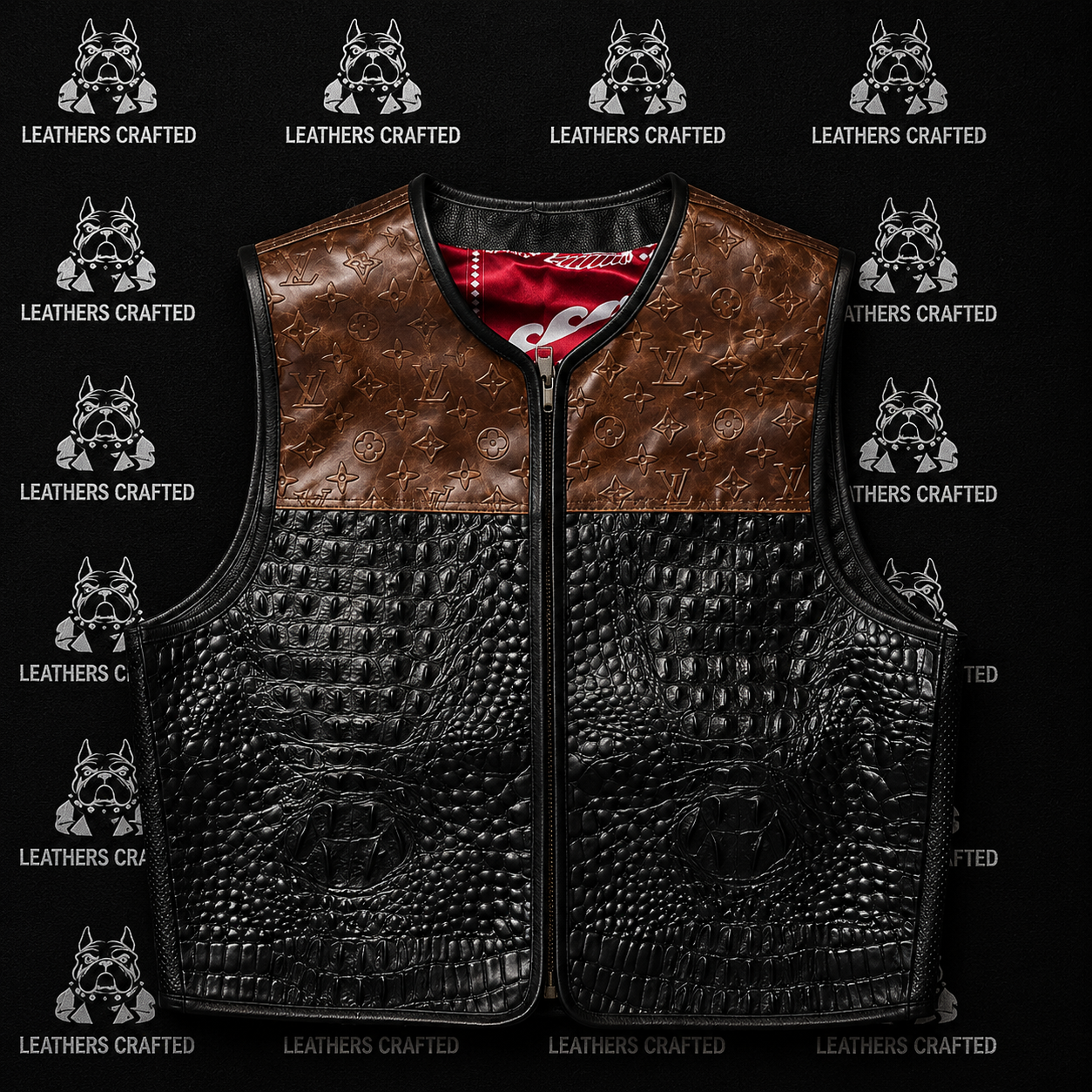 A leather vest with a brown textured yoke and a black crocodile-embossed body, shown flat against a black background with repeated Leathers Crafted logos.