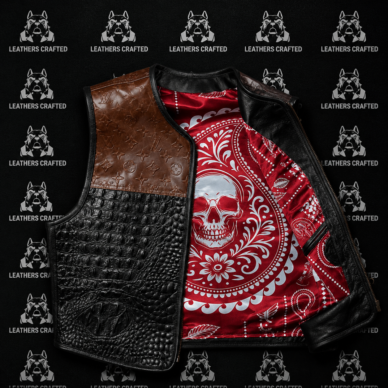 Premium Crocodile Embossed LV style Leather Biker Vest