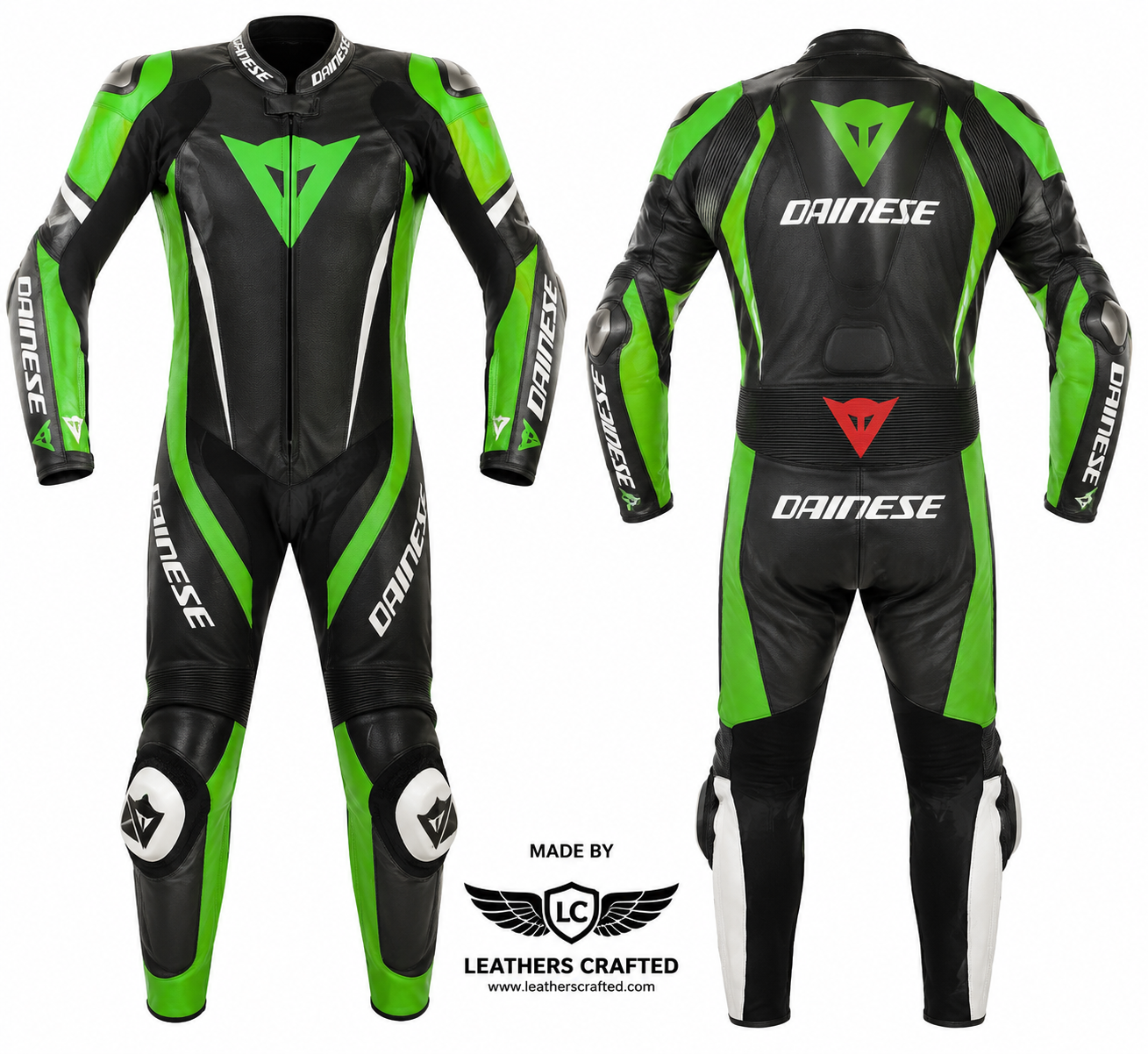 Black & Green Motorcycle Racing Leather Suit – CE Armored Cowhide Track Day Racing Suit | Leathers Crafted