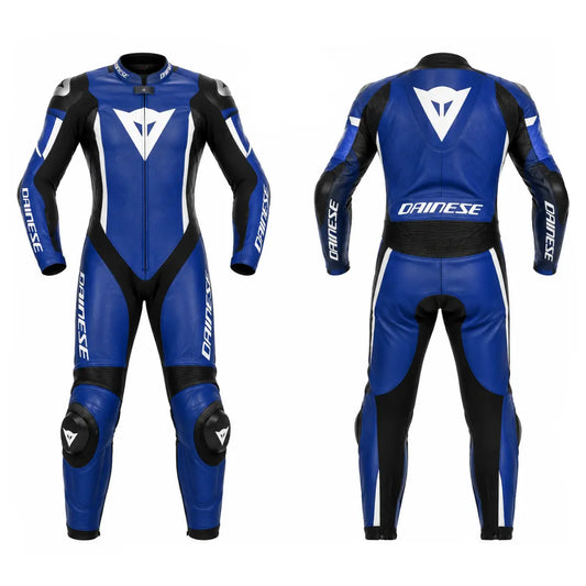 Blue motorcycle racing suit with Dainese branding on a white background