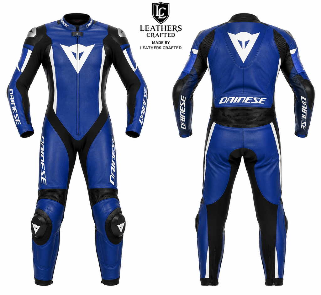 Blue Motorcycle Racing Leather Suit – Premium CE Armored One-Piece Track Day & Sportbike Riding Suit | Leathers Crafted