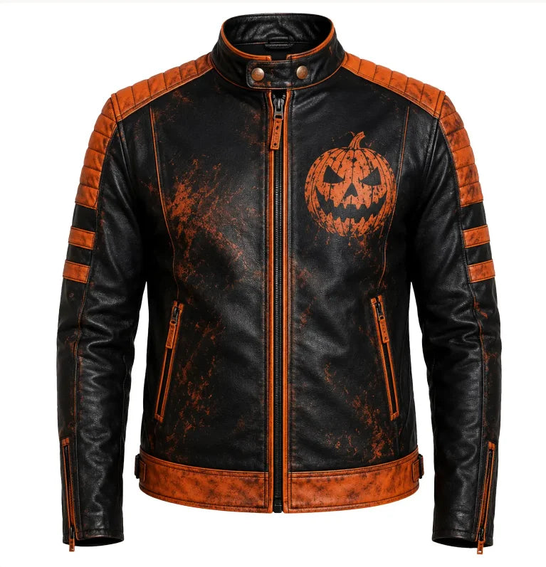 Men’s distressed black and orange Halloween leather jacket with jack-o’-lantern graphic and quilted orange shoulders
