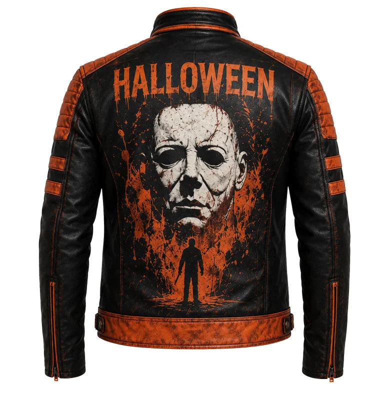 Men’s Pumpkin Halloween Leather Jacket – Distressed Black & Orange