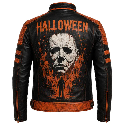 Men’s Pumpkin Halloween Leather Jacket – Distressed Black & Orange