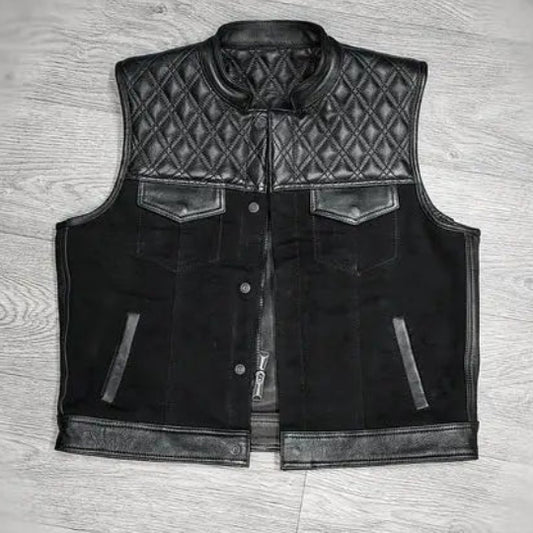 "Blackout Classic: Leather and Canvas Biker Vest" Leathers Crafted