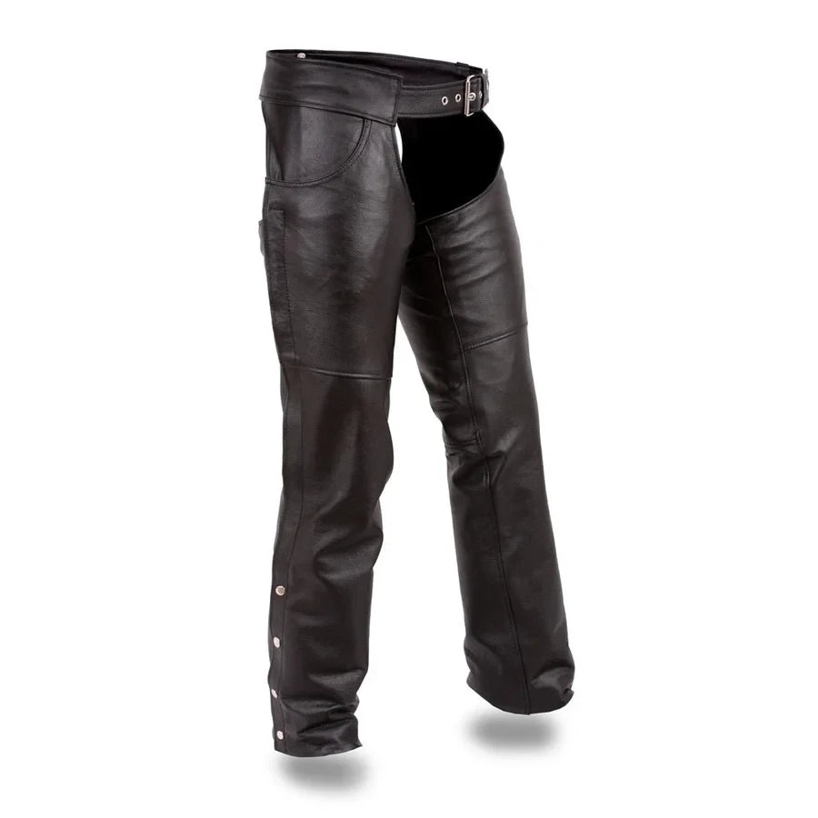 Men's black genuine leather motorcycle chaps with classic jean-style pocket and grommet belt