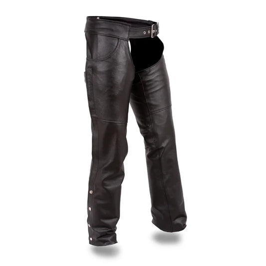 Men's black genuine leather motorcycle chaps with classic jean-style pocket and grommet belt