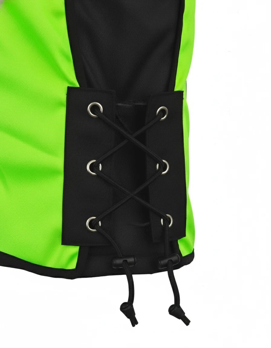 Close-up of a high-visibility neon green and black garment featuring a black lace-up front panel with silver metal grommets and black drawstrings, shown against a white background.