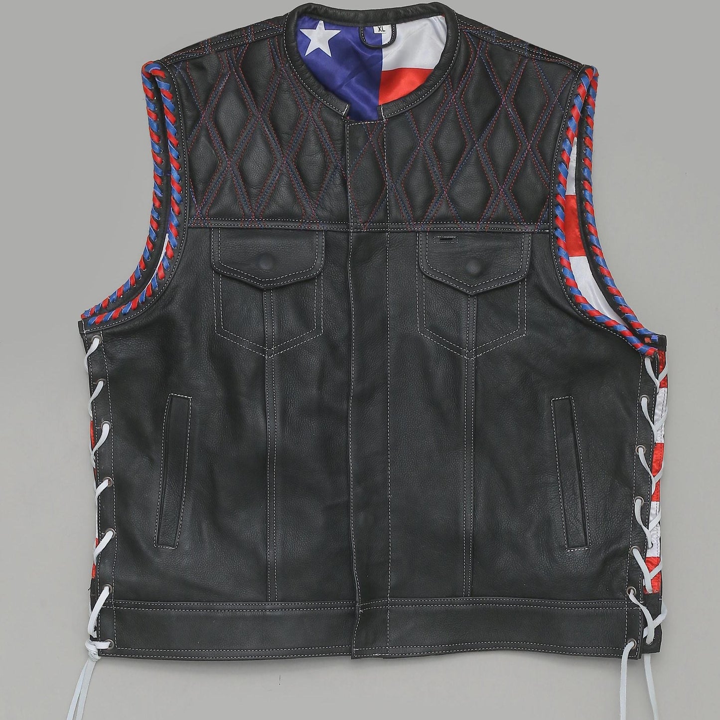 Men’s Black Leather Motorcycle Vest with American Flag Lining