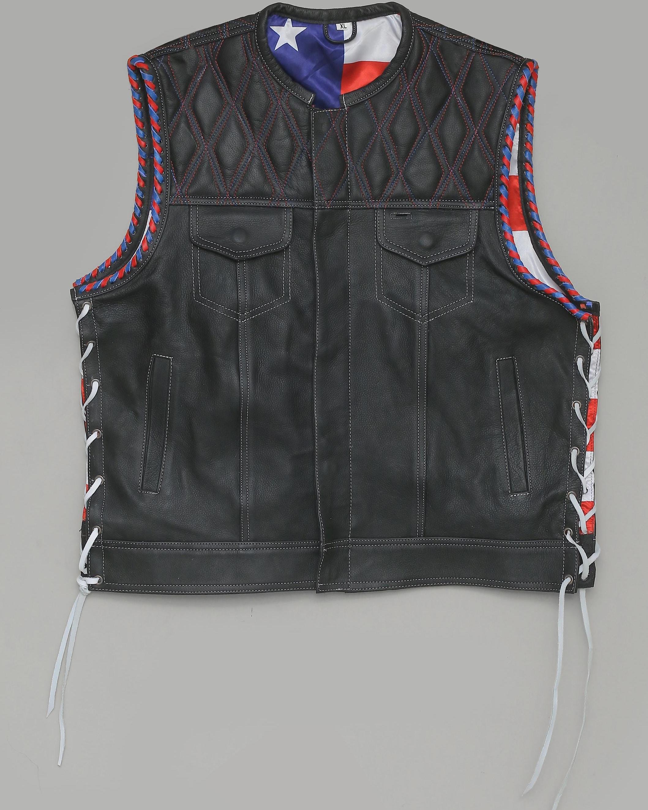 Mens Black Leather Biker Vest – Motorcycle Club Style Vest – Handmade Cowhide Waistcoat