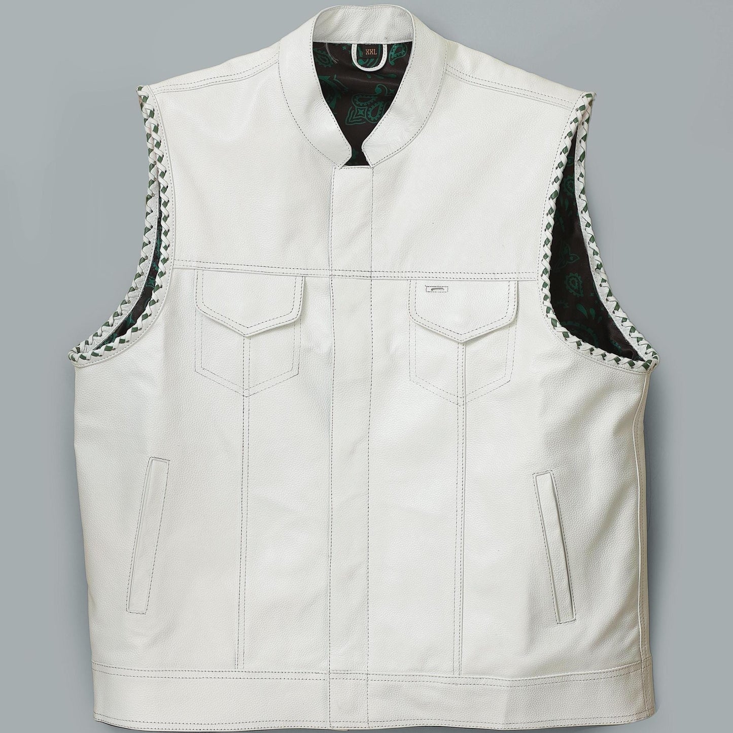 Men’s White Leather Motorcycle Vest | Biker Vest with Braided Trim