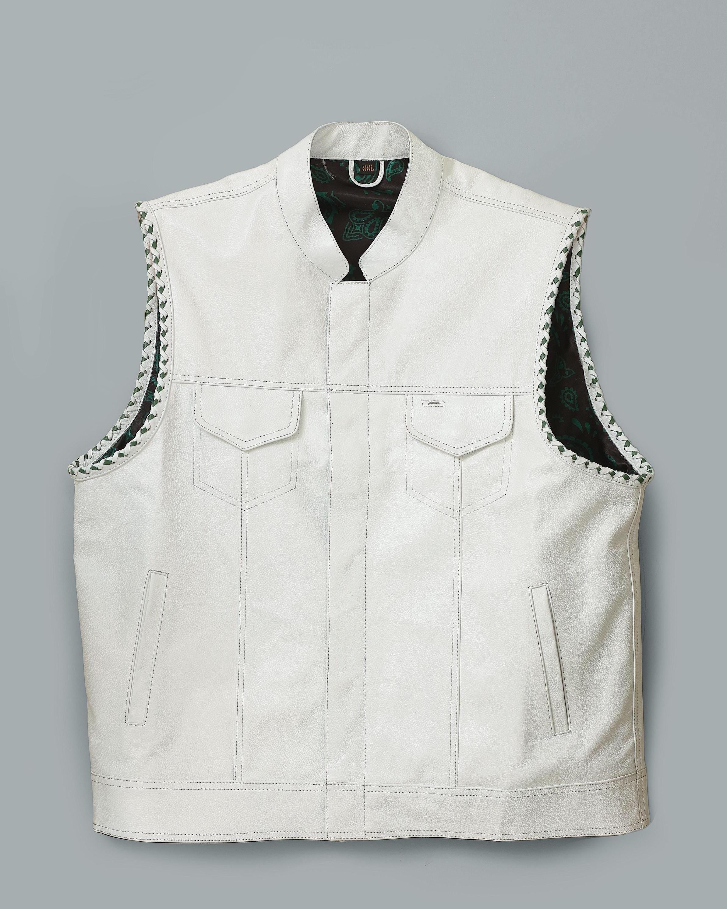 Mens White Leather Biker Vest – Handmade Motorcycle Club Style Waistcoat – Cowhide Vest with Paisley Lining