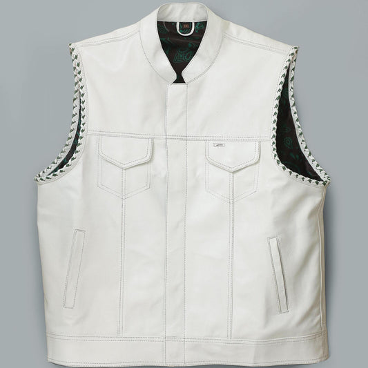 Men’s White Leather Motorcycle Vest | Biker Vest with Braided Trim