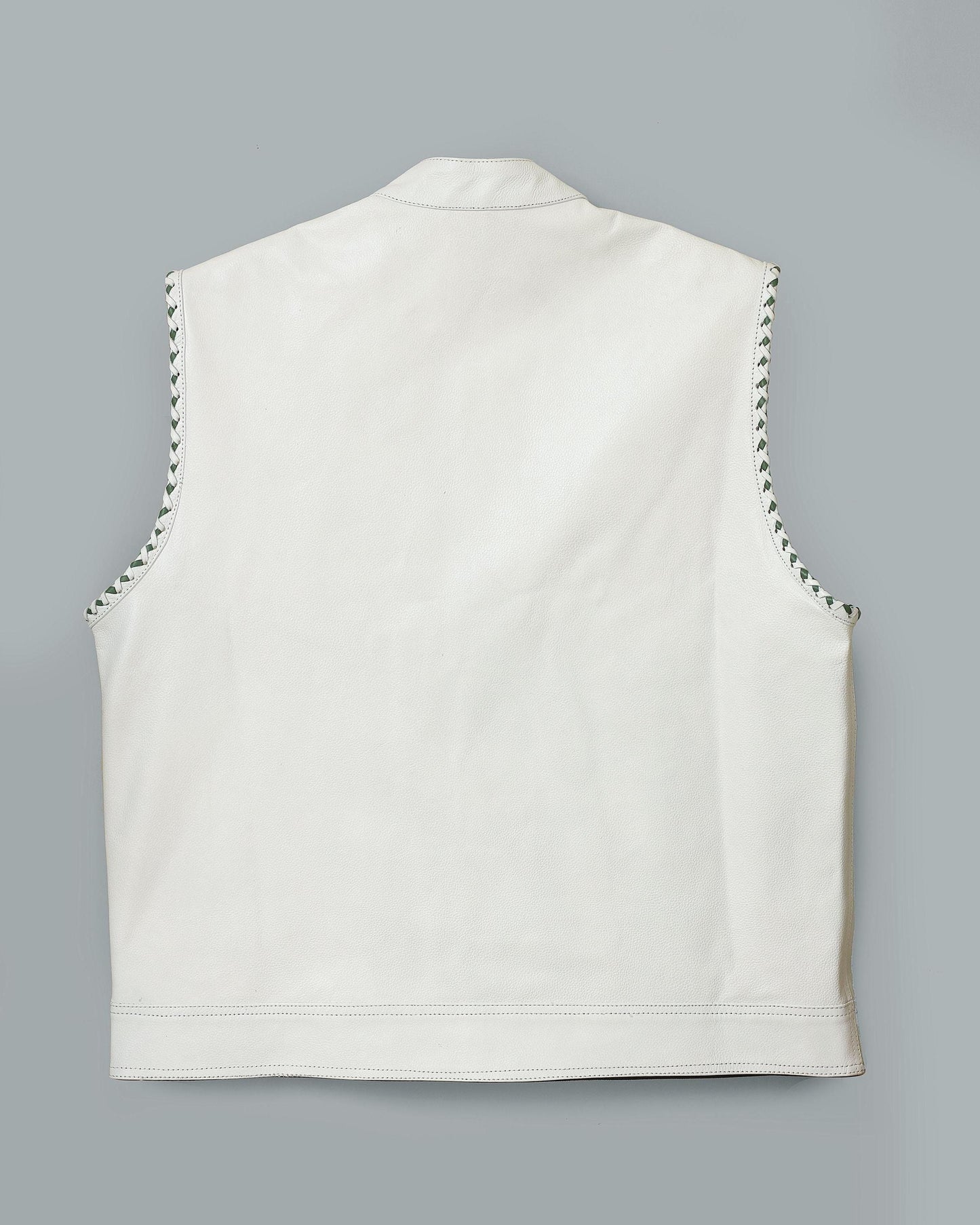 Men’s White Leather Motorcycle Vest | Biker Vest with Braided Trim