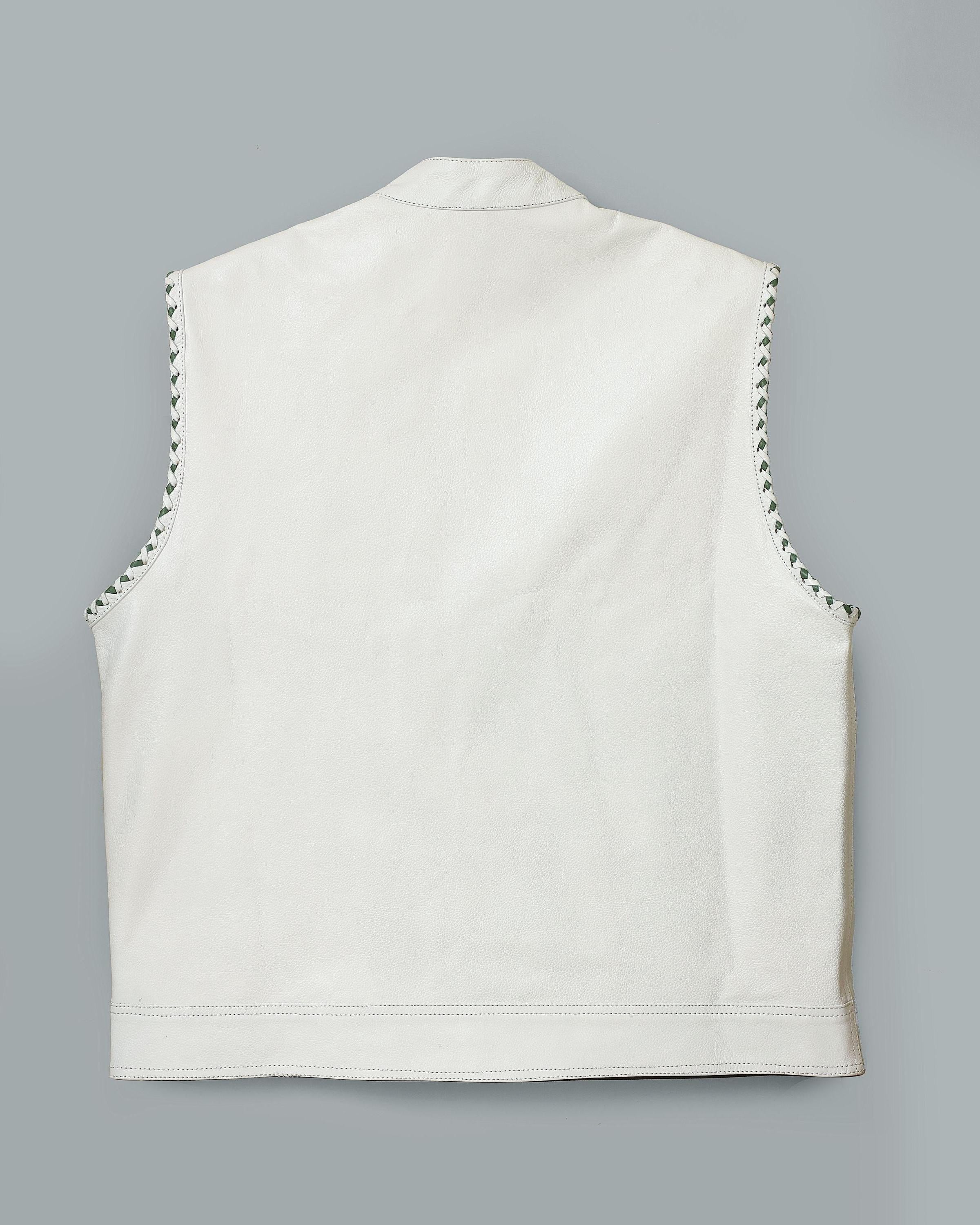Mens White Leather Biker Vest – Handmade Motorcycle Club Style Waistcoat – Cowhide Vest with Paisley Lining