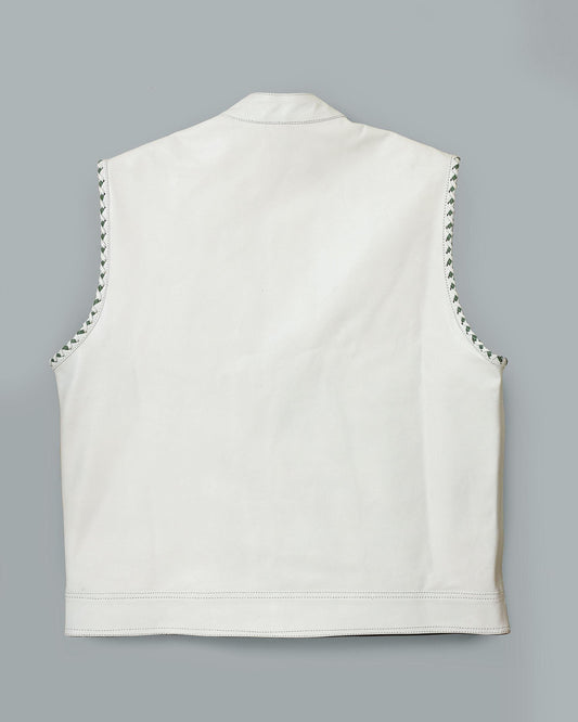 Men’s White Leather Motorcycle Vest | Biker Vest with Braided Trim