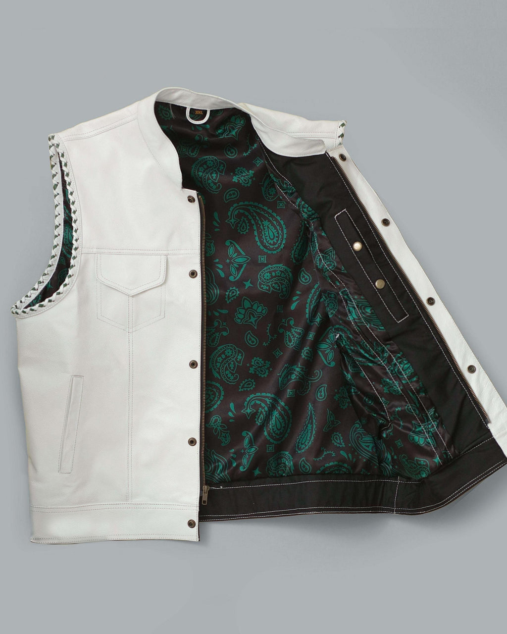 Mens White Leather Biker Vest – Handmade Motorcycle Club Style Waistcoat – Cowhide Vest with Paisley Lining