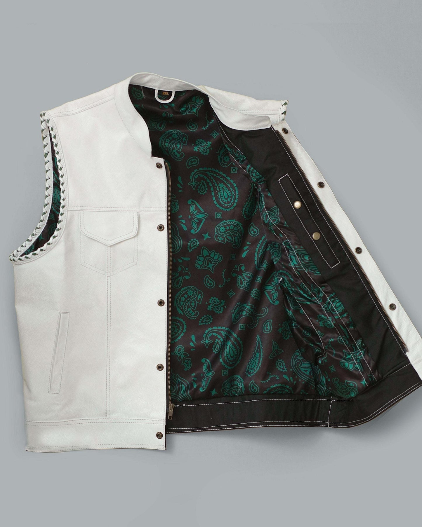 Men’s White Leather Motorcycle Vest | Biker Vest with Braided Trim