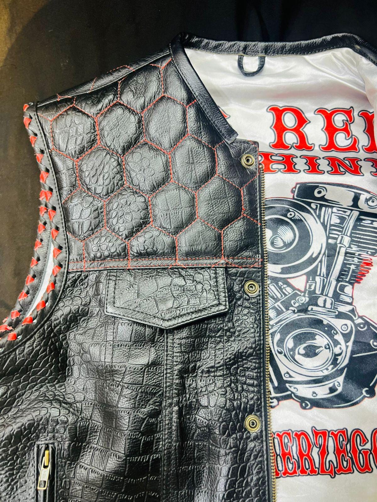 Black Crocodile Texture Leather Vest for Men – Quilted Biker Vest with Red Stitching – Premium Handmade Sleeveless Jacket Streetwear Fashion