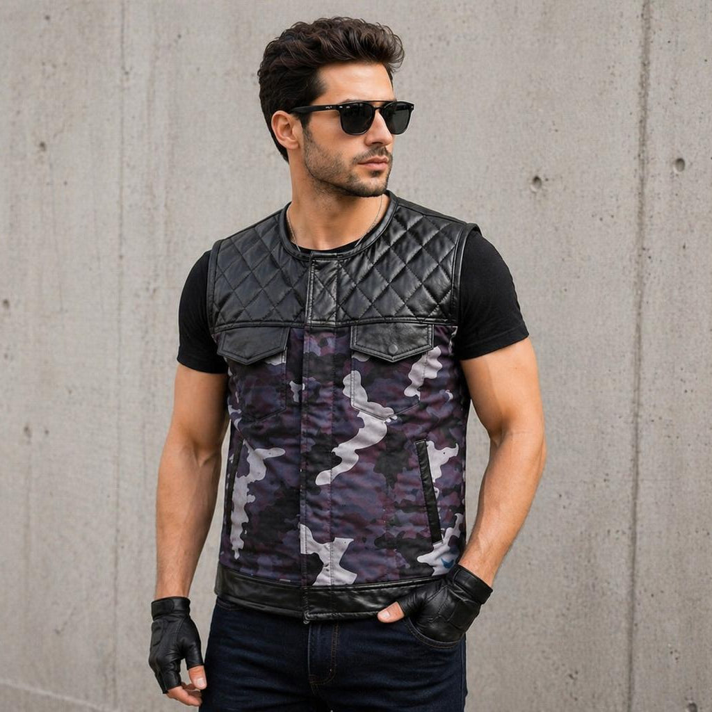 Men’s Black Leather Camo Motorcycle Vest | Quilted Biker Vest
