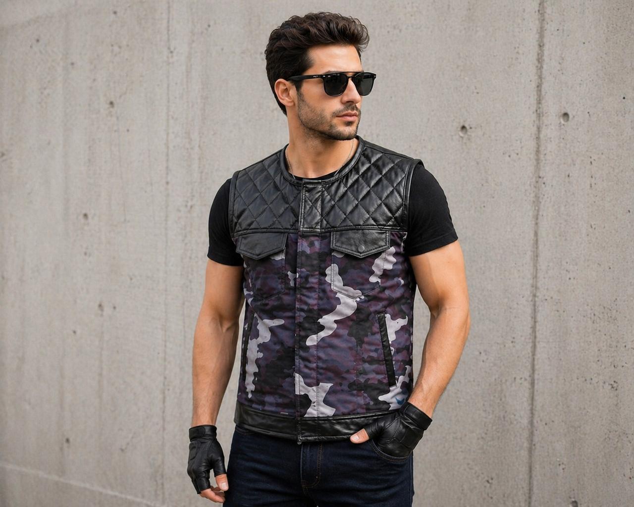 Men Camo Leather Vest, Quilted Black Biker Vest, Sleeveless Jacket, Streetwear Vest, Handmade Leather Waistcoat