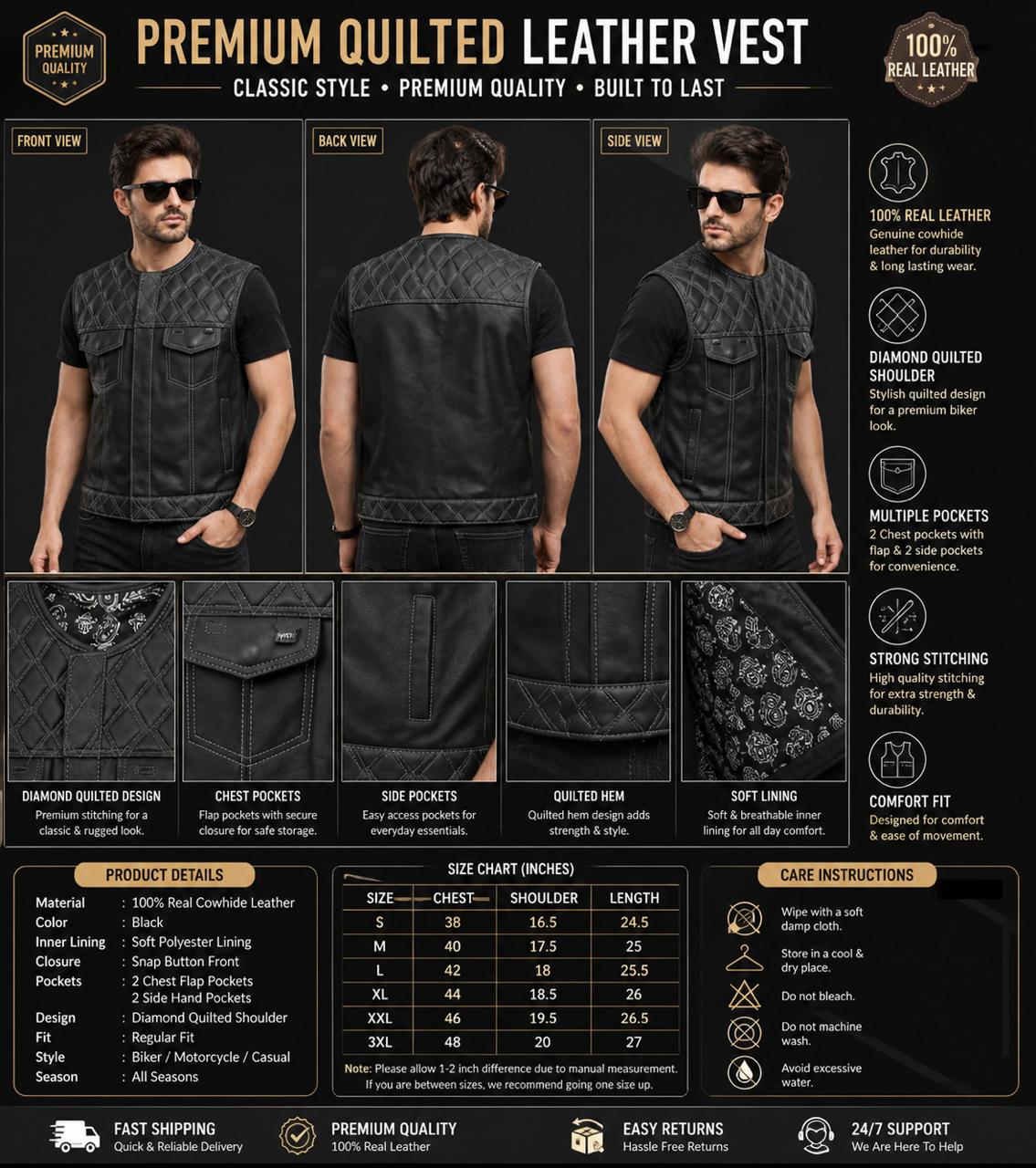 Men’s Black Leather Motorcycle Vest | White Diamond Quilted Biker Vest