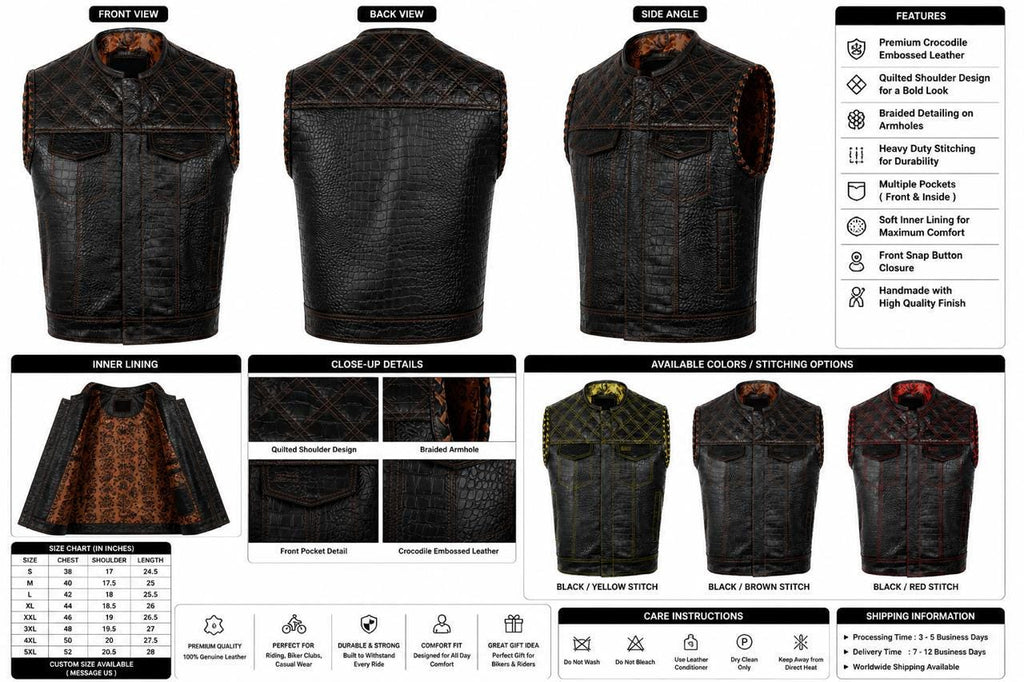 Men’s Black Crocodile Leather Biker Vest – Quilted Motorcycle Vest with Braided Detail