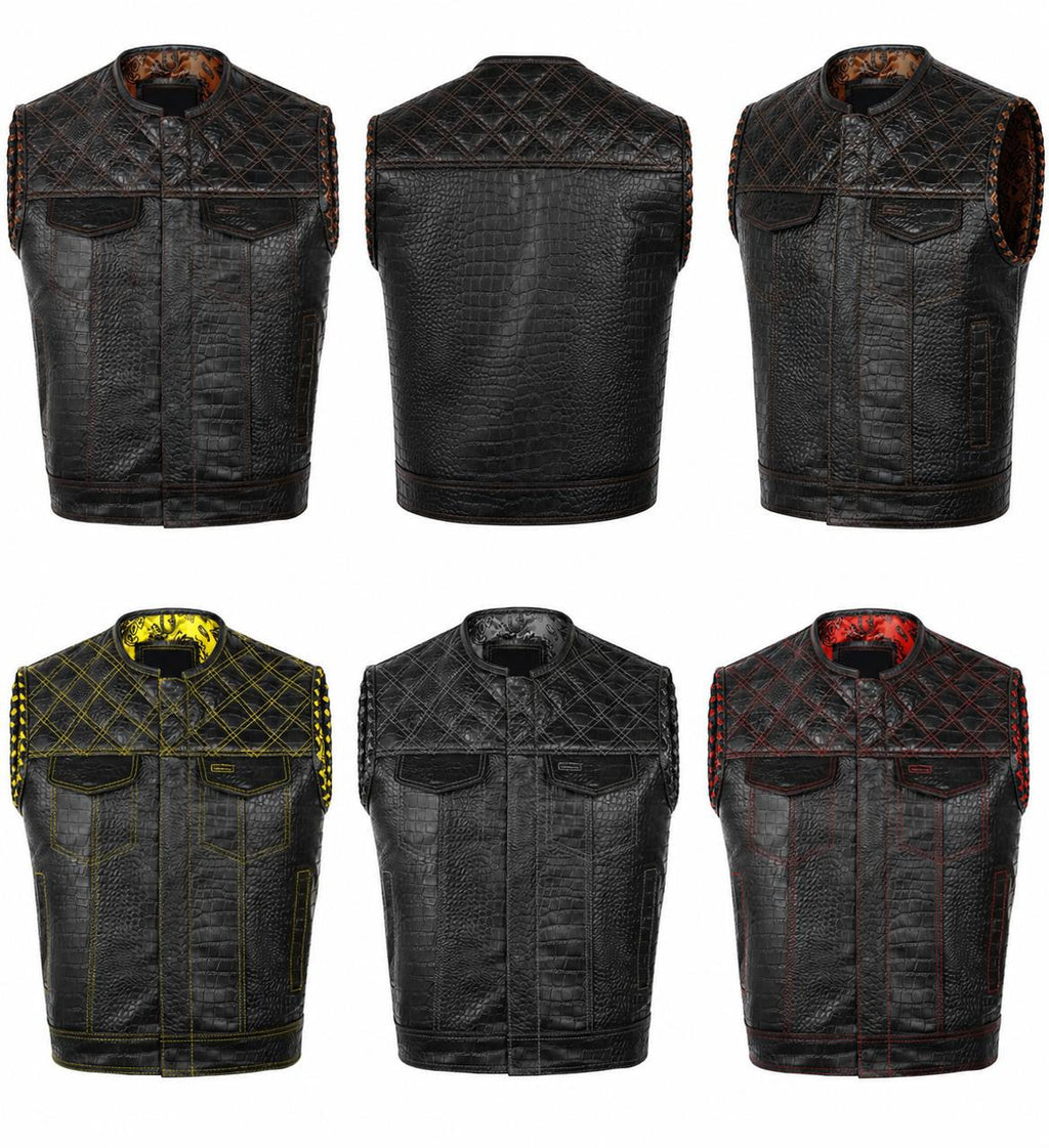 Men’s Black Crocodile Leather Biker Vest – Quilted Motorcycle Vest with Braided Detail