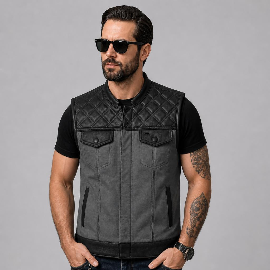 Men’s Black & Grey Quilted Leather Biker Motorcycle Vest