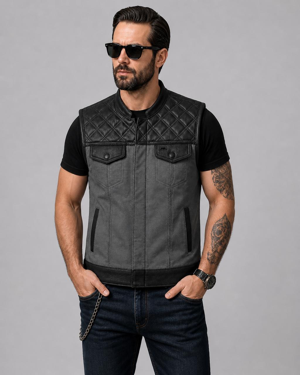 Men’s Quilted Leather Vest, Biker Style Sleeveless Jacket, Grey Black Motorcycle Vest