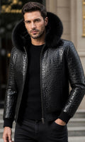 Men’s Black Crocodile Leather Jacket with Fur Hood – Luxury Winter Jacket, Premium Biker Style Coat