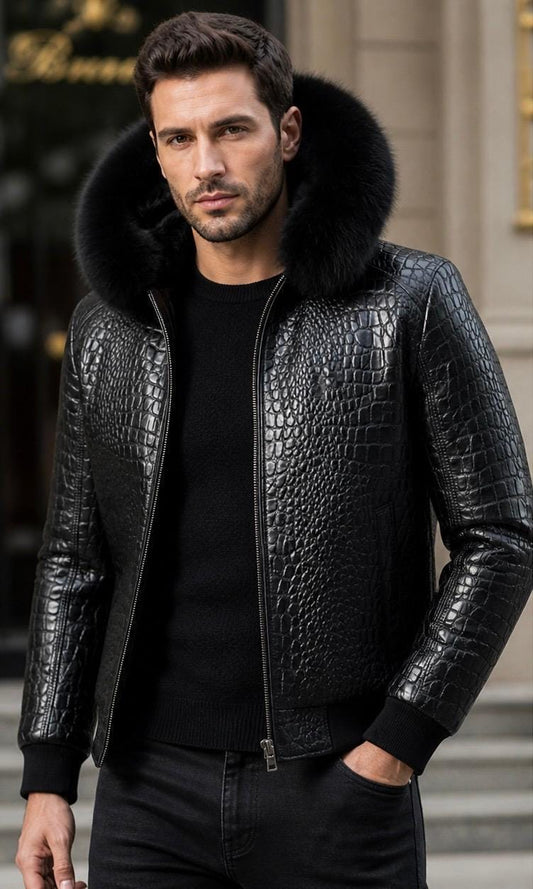 Men’s Black Crocodile Leather Jacket with Fur Hood – Luxury Winter Jacket, Premium Biker Style Coat