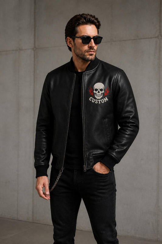 Men’s Skull Leather Jacket – American Custom Biker Jacket, Black Embroidered Motorcycle Jacket, Streetwear Winter Coat for Men