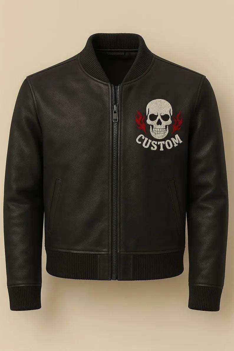 Men’s Skull Leather Jacket – American Custom Biker Jacket, Black Embroidered Motorcycle Jacket, Streetwear Winter Coat for Men