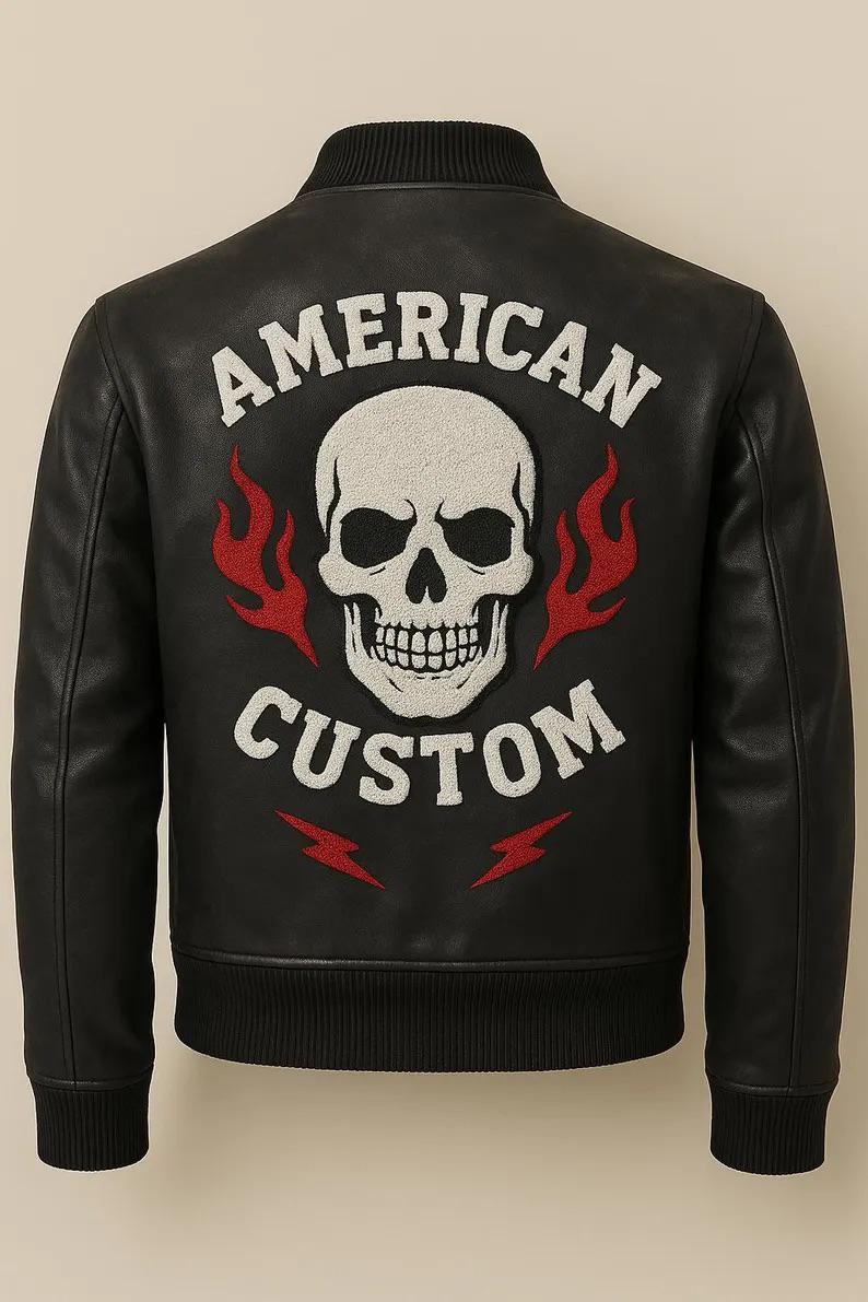 Men's Custom Skull Flame Leather Bomber Jacket – Black Biker Jacket