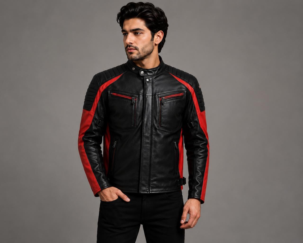 Men’s Black & Red Leather Motorcycle Jacket | Cafe Racer Biker Jacket | Genuine Leather Riding Jacket | Quilted Shoulder Moto Coat