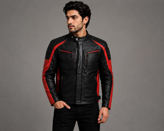 Men’s Black & Red Leather Motorcycle Jacket | Cafe Racer Biker Jacket | Genuine Leather Riding Jacket | Quilted Shoulder Moto Coat