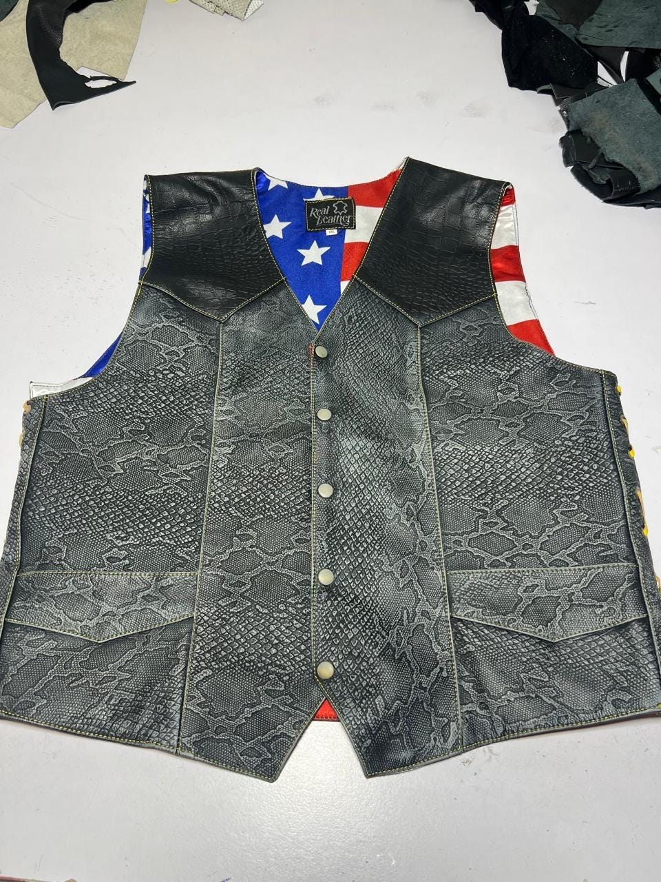 Men’s Snakeskin Leather Biker Vest – American Flag Lined Western Style Motorcycle Waistcoat for Riders