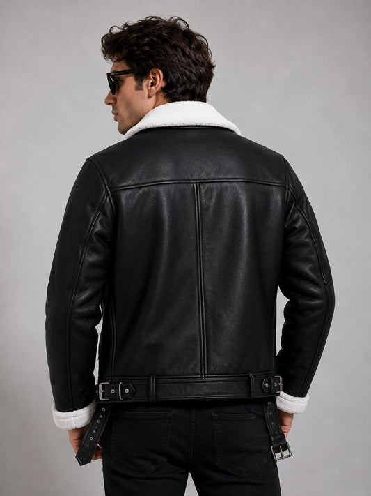Men’s Black Shearling Leather Jacket – Premium Winter Biker Aviator Jacket with Soft Faux Fur Lining | Nugget Impex